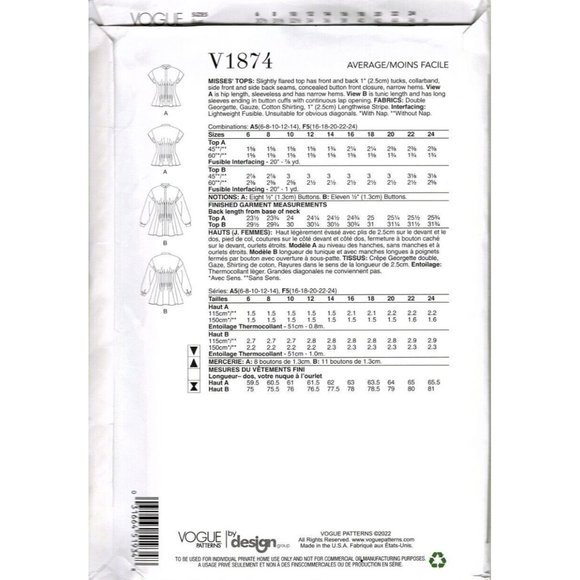 Vogue V1874 Misses 6 to 14 Flared Tucked Top Uncut Sewing Pattern New - Picture 2 of 2